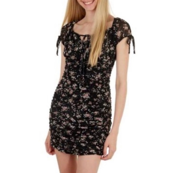Ultra Flirt Mesh Keyhole Tie Front Ruched Floral Milkmaid Mini Dress. Size S - Picture 1 of 11